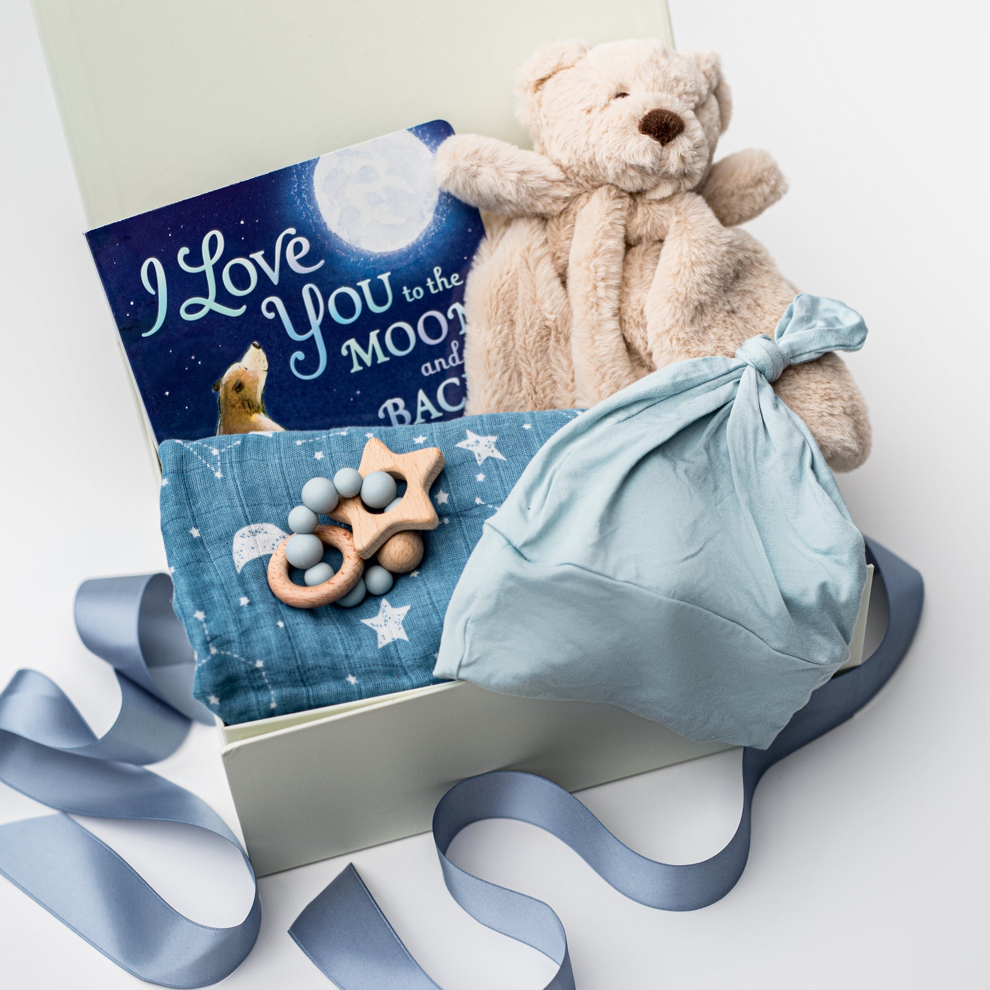 New Baby Boy Curated Gift Box, Welcome Baby Gift Baskets, Swaddle, Stuffed Bear, Teether, Board Book, New Mom Gifts