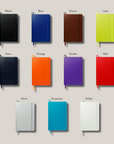 Notebook color options, Black, blue, brown, lime, navy, orange, purple, red, silver, turquoise, white