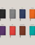 Notebook color options. Black, Gray, Navy, Orange, Purple, Red, Terra Cotta, Turquoise