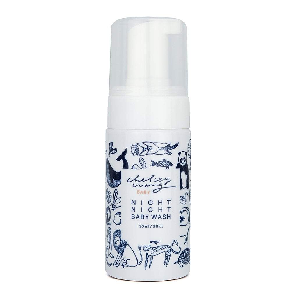 &#39;Chelsea Wang baby night night baby wash&#39; in a 90ml / 3 fl oz. white spray bottle with blue animal graphics and a white cap. 