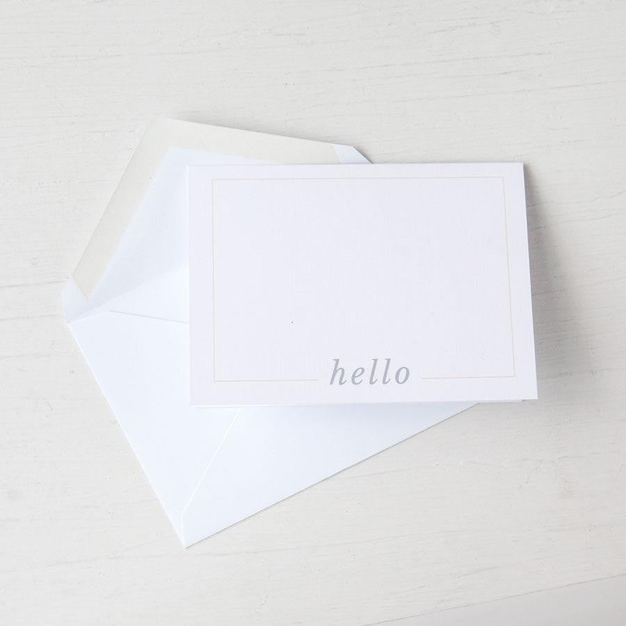 white hello card with white envelope