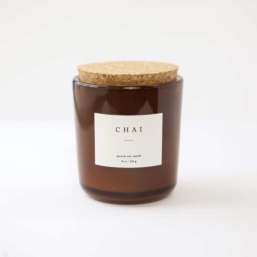 8 oz chai scented soy candle, approx 3.25&quot; x 3.75&quot;, brown glass container with cork lid and white sticker.