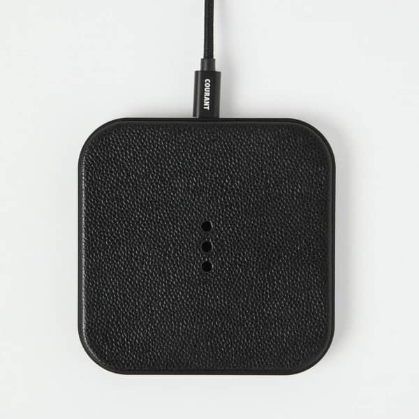 Black pebble-grain Italian leather wireless charging pad, and cord