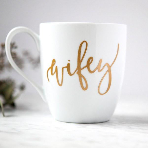 White ceramic mug, 15 oz , &quot;wifey&quot; in gold script font