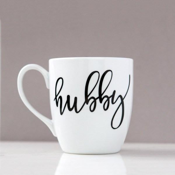 White ceramic mug, 15 oz , &quot;hubby&quot; in black script font