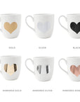 White ceramic mugs, 15 oz each, color options represented as a heart: gold, silver, black, mirrored gold, mirrored silver, and mirrored rose gold.