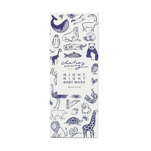 3 fl oz  baby wash in a white and navy blue animal printed box, blue text.