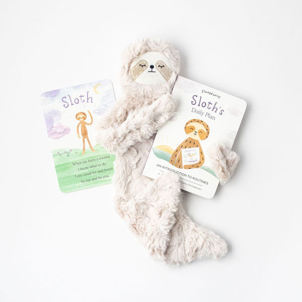 Off-white plush sloth with Sloth&#39;s plan board book and affirmation card.