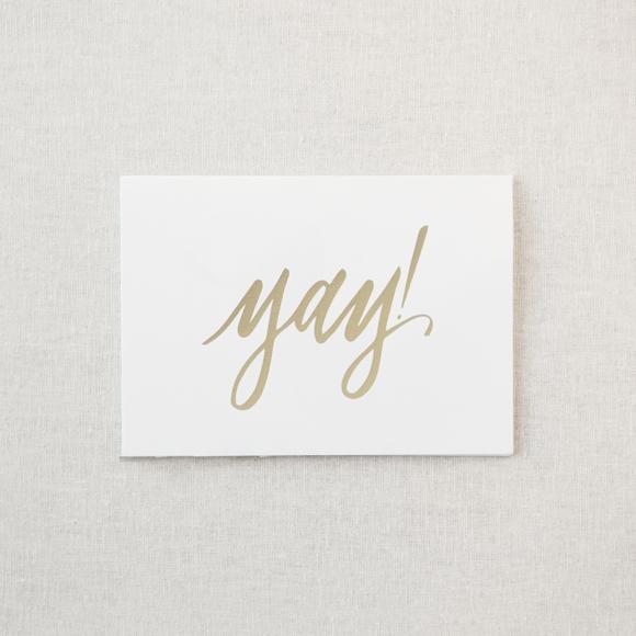 White greeting card with gold foil &quot;Yay!&quot;